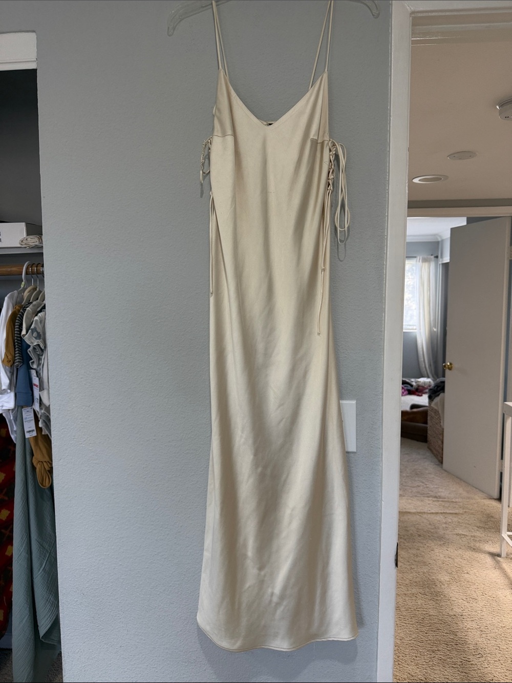 Zara Cream Slip Maxi with Side Lace-Up Detail